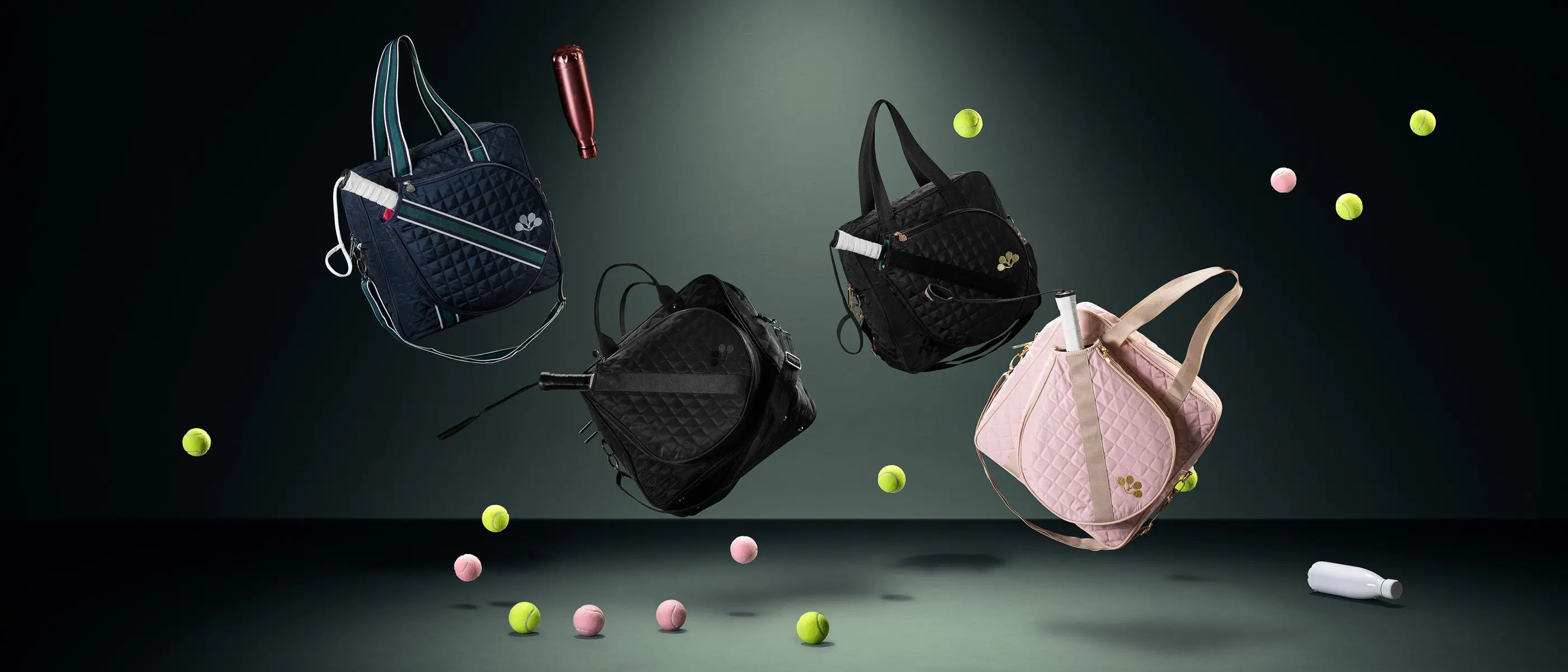 Flying blue, black and pink padelbags with bouncing balls