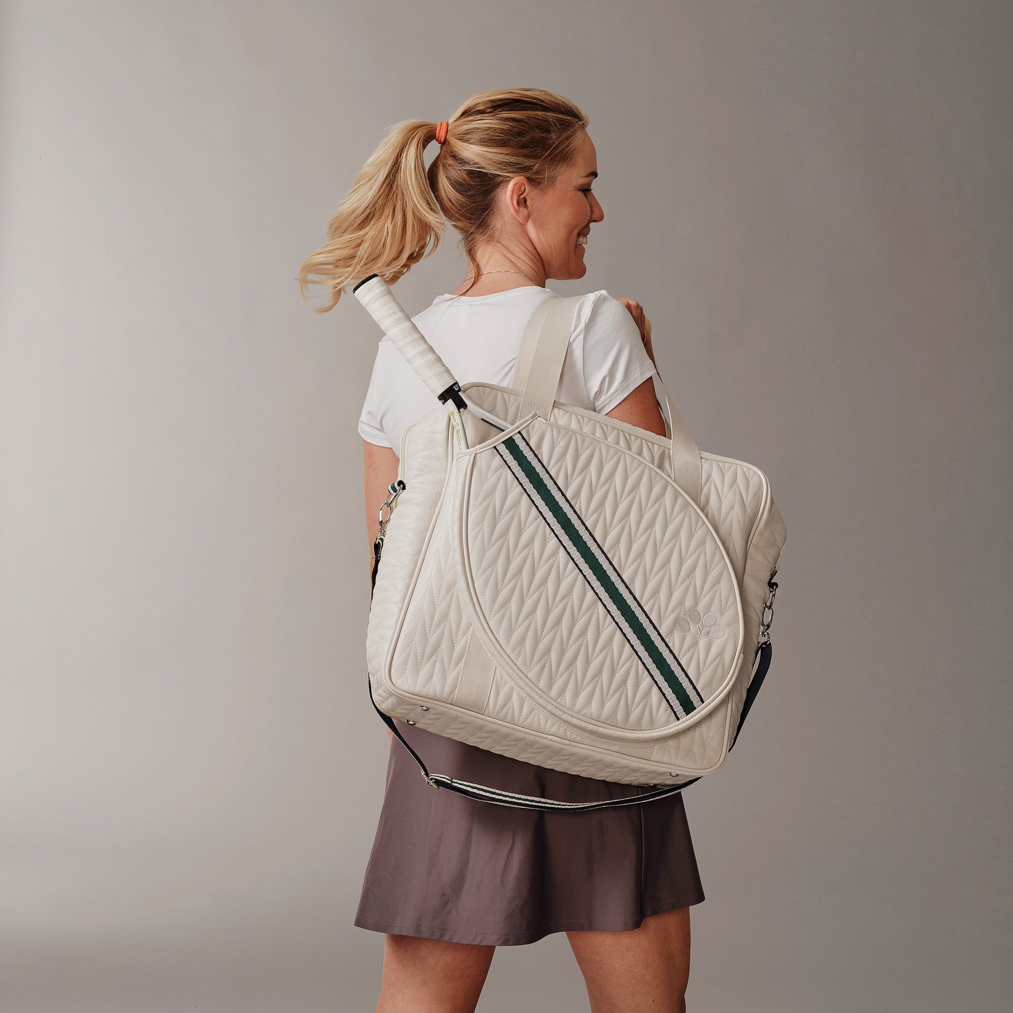 Esserly Tennis Bag in White with Green Webbing